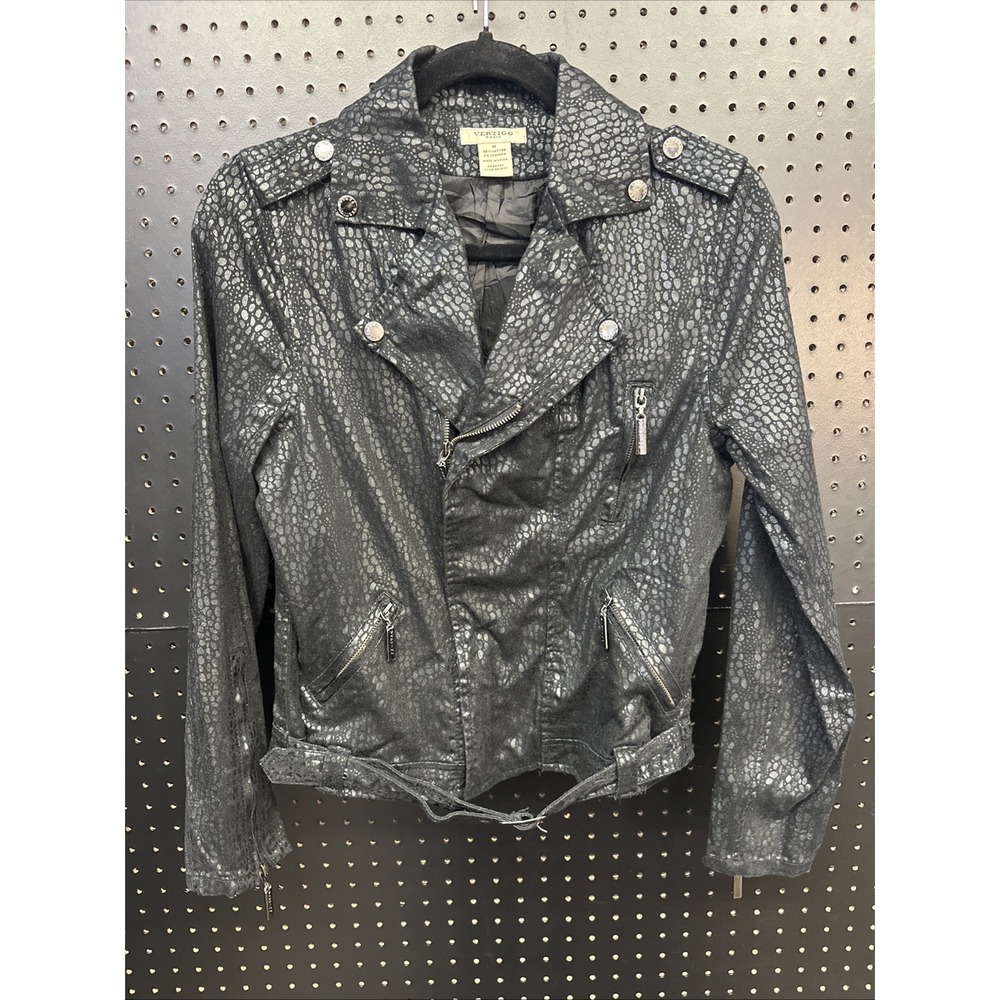 Vertigo Paris Black Moto Jacket Zippered Pockets Medium Womens Snake Print
